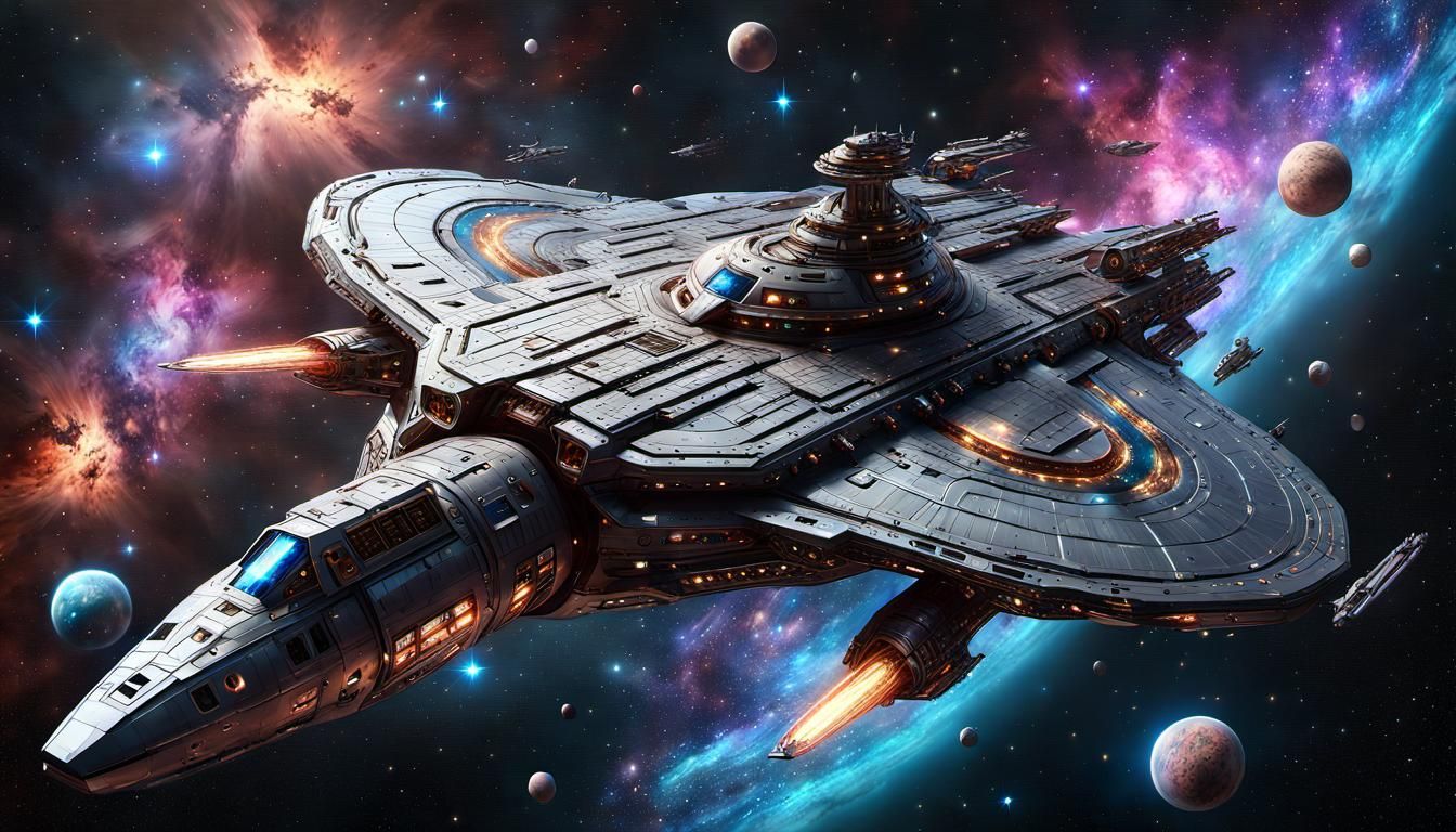 Fleet of Fantasy Starships in Cosmic Space Battle