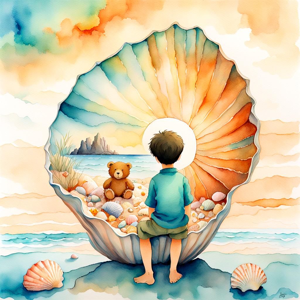 Boy and Bear in Seashell: Watercolor Digital Art