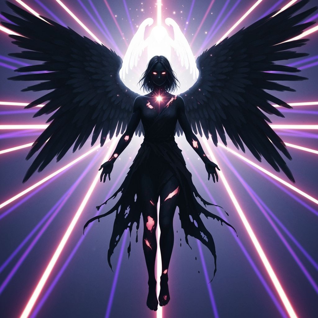Demonic Angel with Soul Amidst Neon Lines
