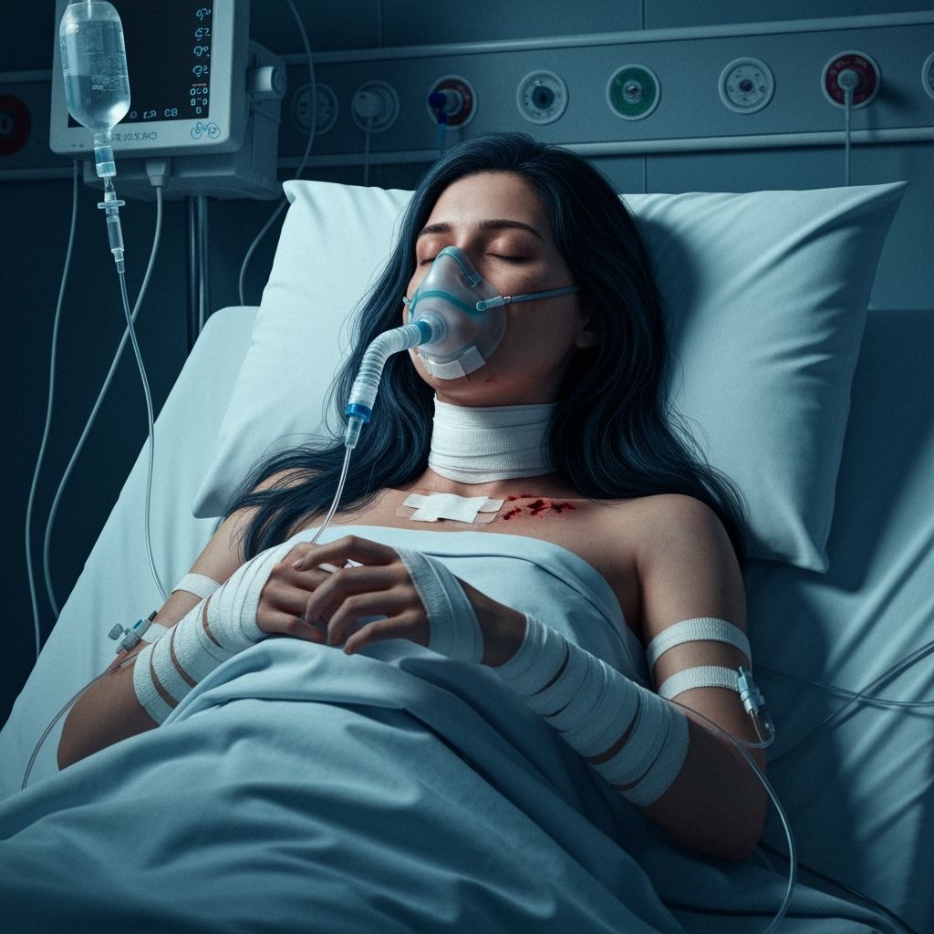 Critically Injured Woman in Hospital Bed: Hyperrealistic Ima...