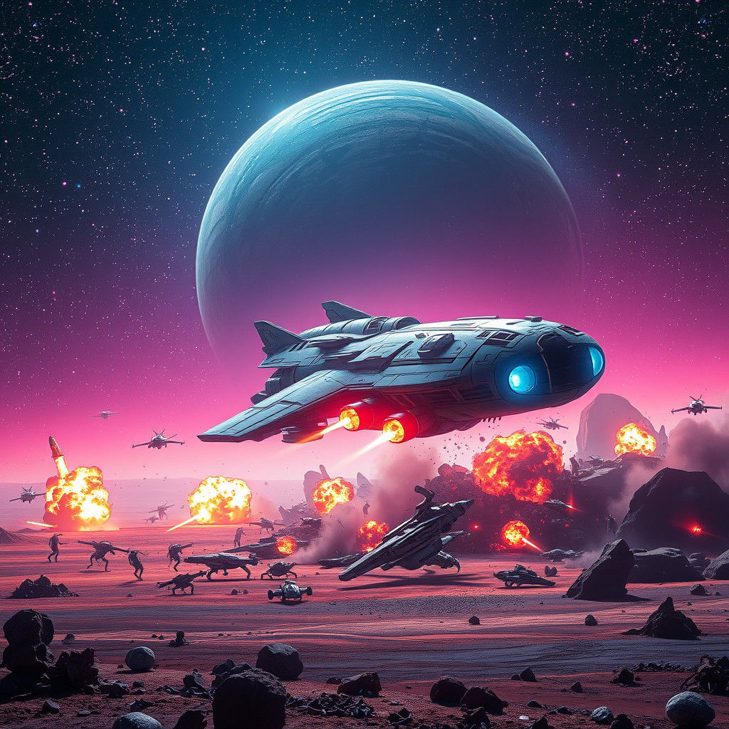 Neon Intergalactic Spaceship Crash in Cyberpunk Style