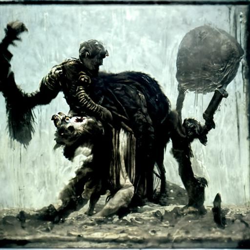 Roman Soldier Dominates Lion in Apocalyptic Scene