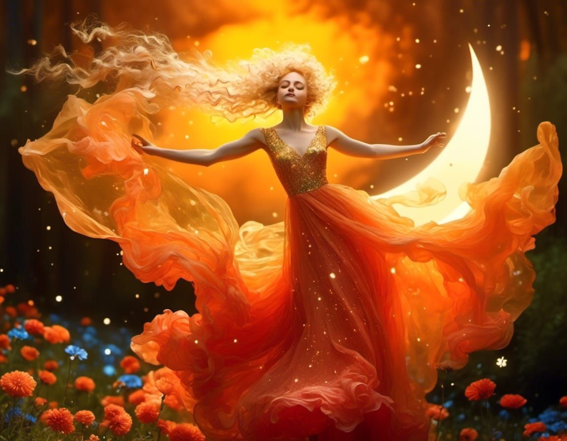 Elf Woman Dancing in Ethereal Flower Meadow