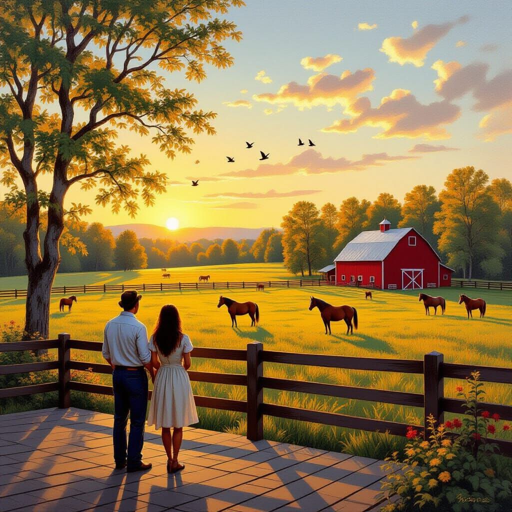 Romantic Landscape Oil Painting of Horses at Sunset