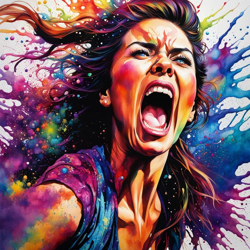 Angry Woman Yelling in Detailed Watercolor Style