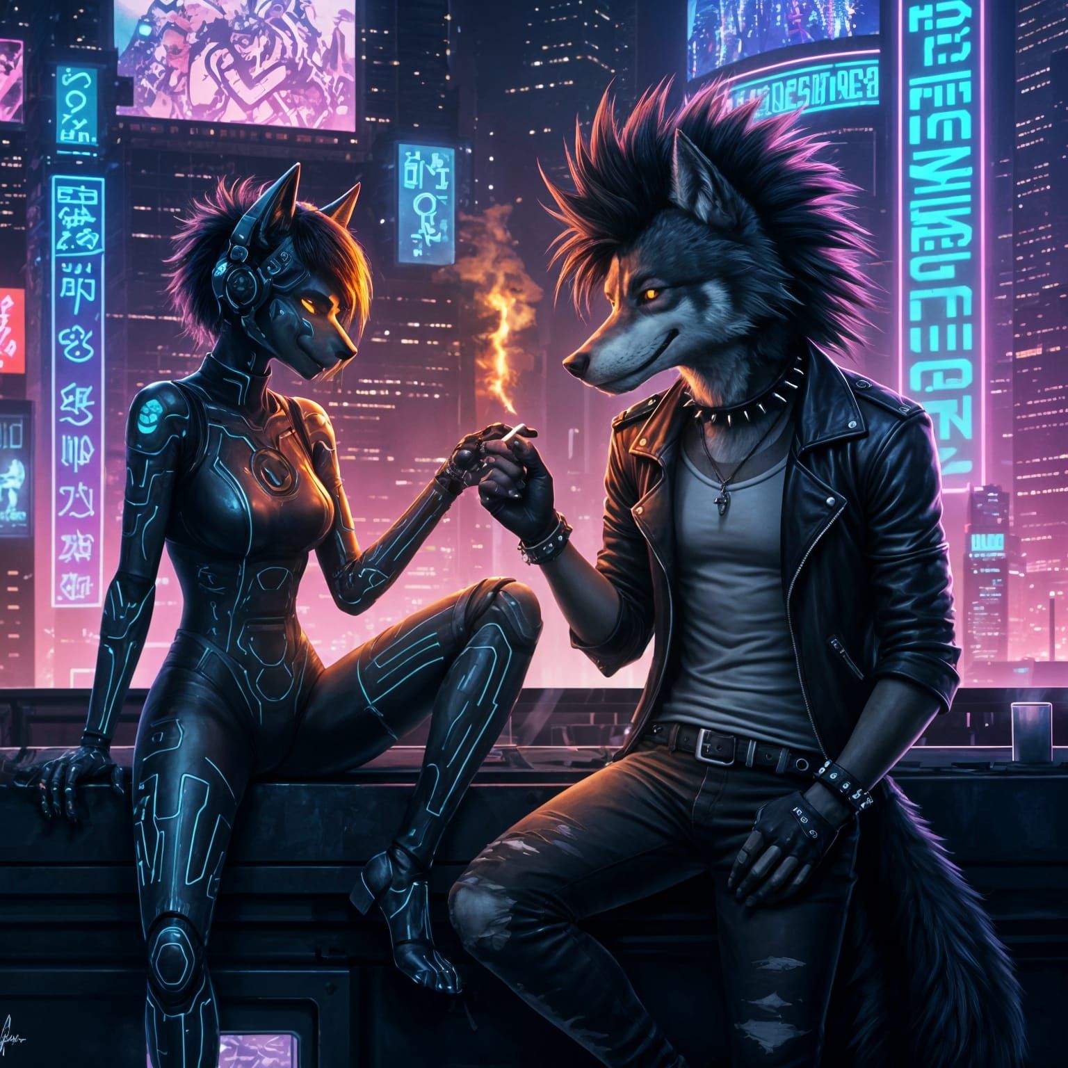 Cyberpunk Wolfman in a Gritty Neon Cityscape