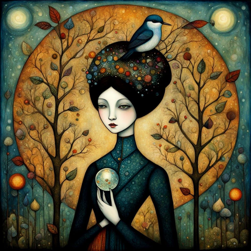 Woman with Glowing Orb in Art Brut Style