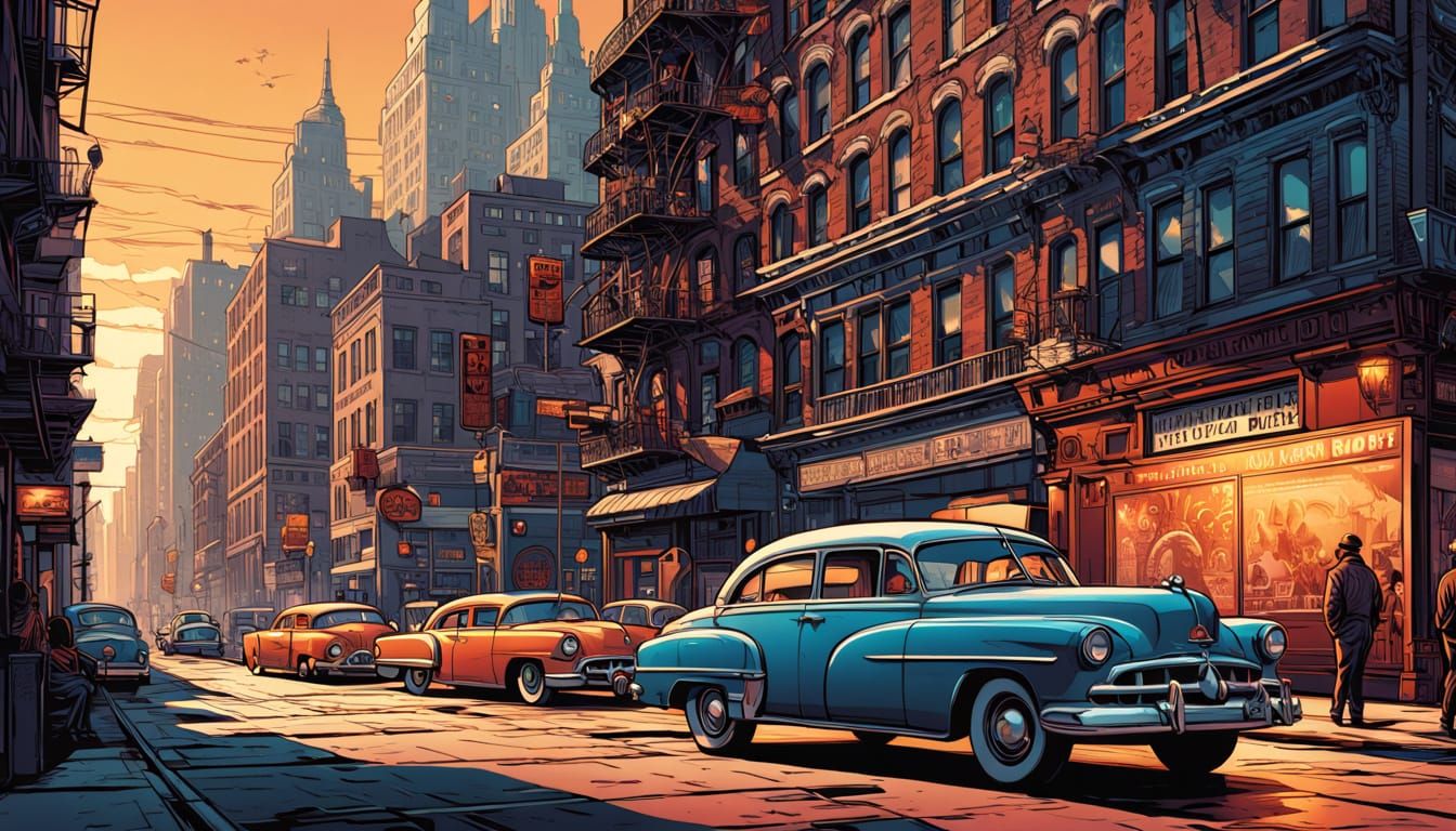 Vintage New York City Street Scene in Dynamic Comic Book Sty...