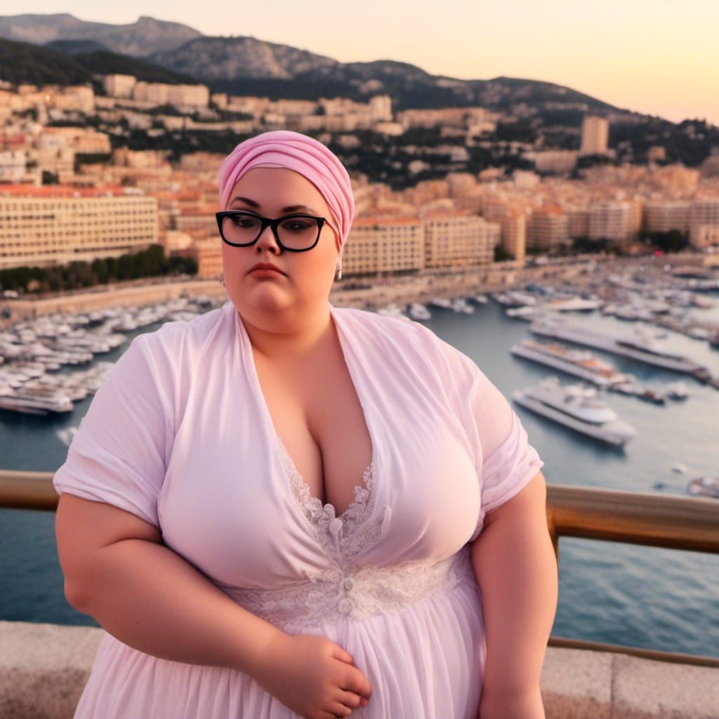 Curvy Woman in Hijab Overlooking Monaco in Hyperrealism