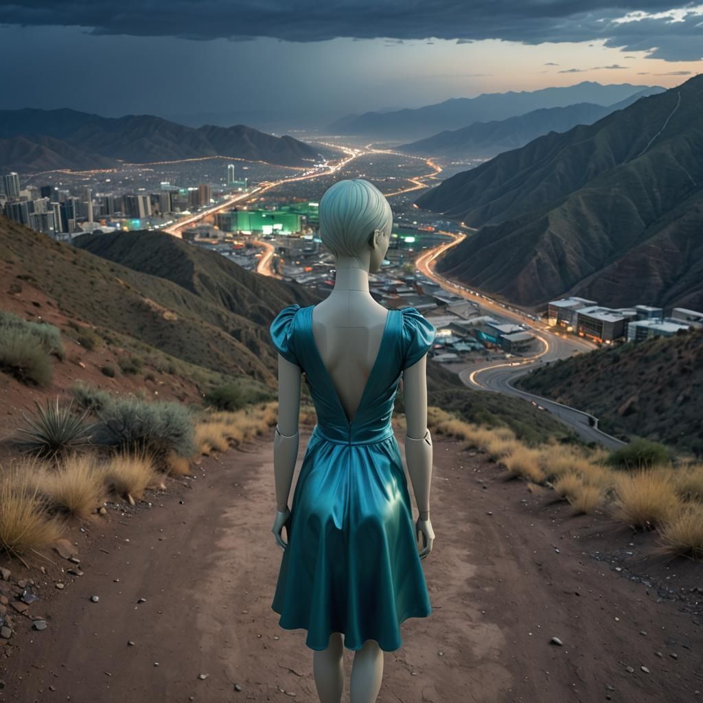 Mannequin Gazing at Futuristic City in Detailed Matte Painti...