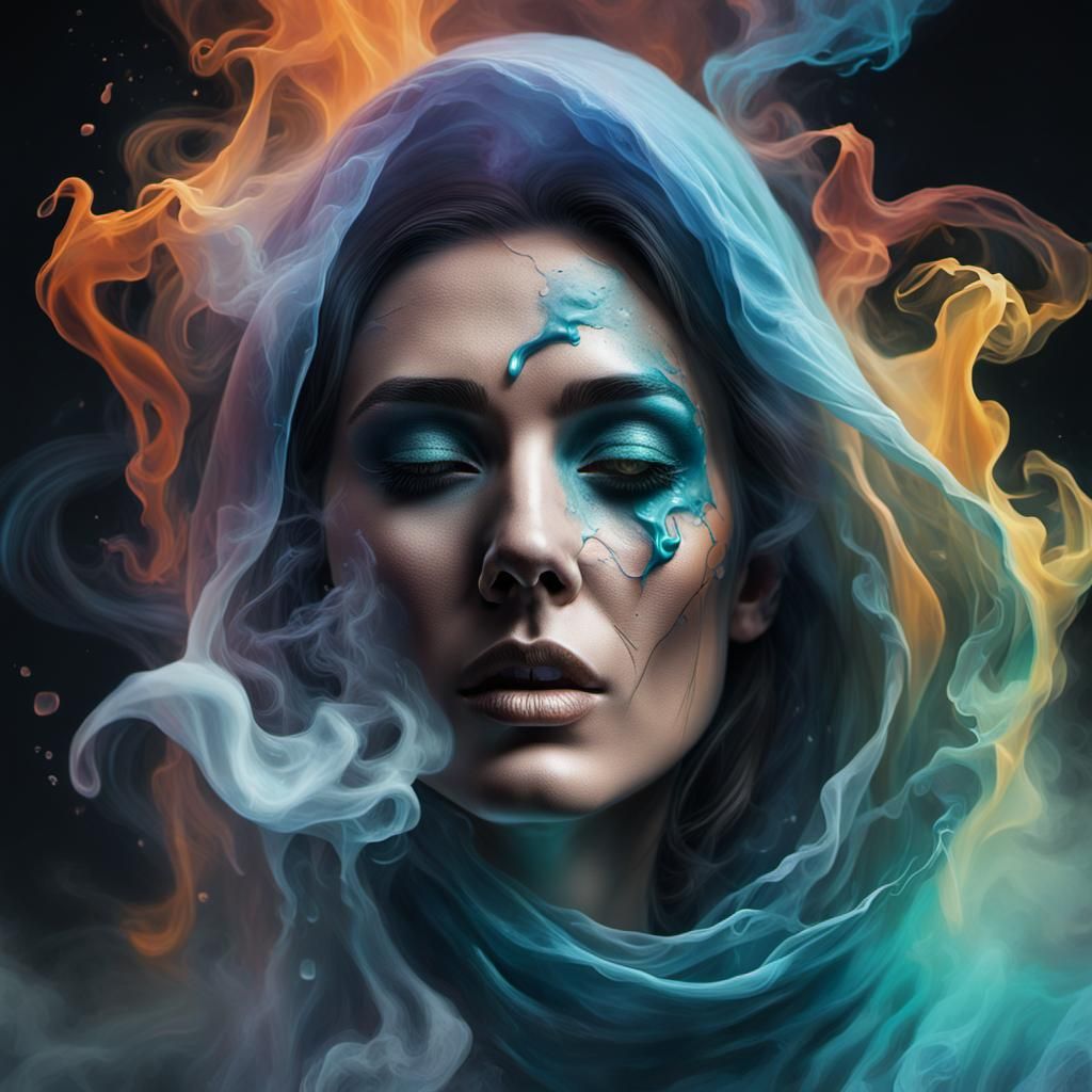 Ethereal Woman Vanishing in Smoke: Hyperrealistic Art