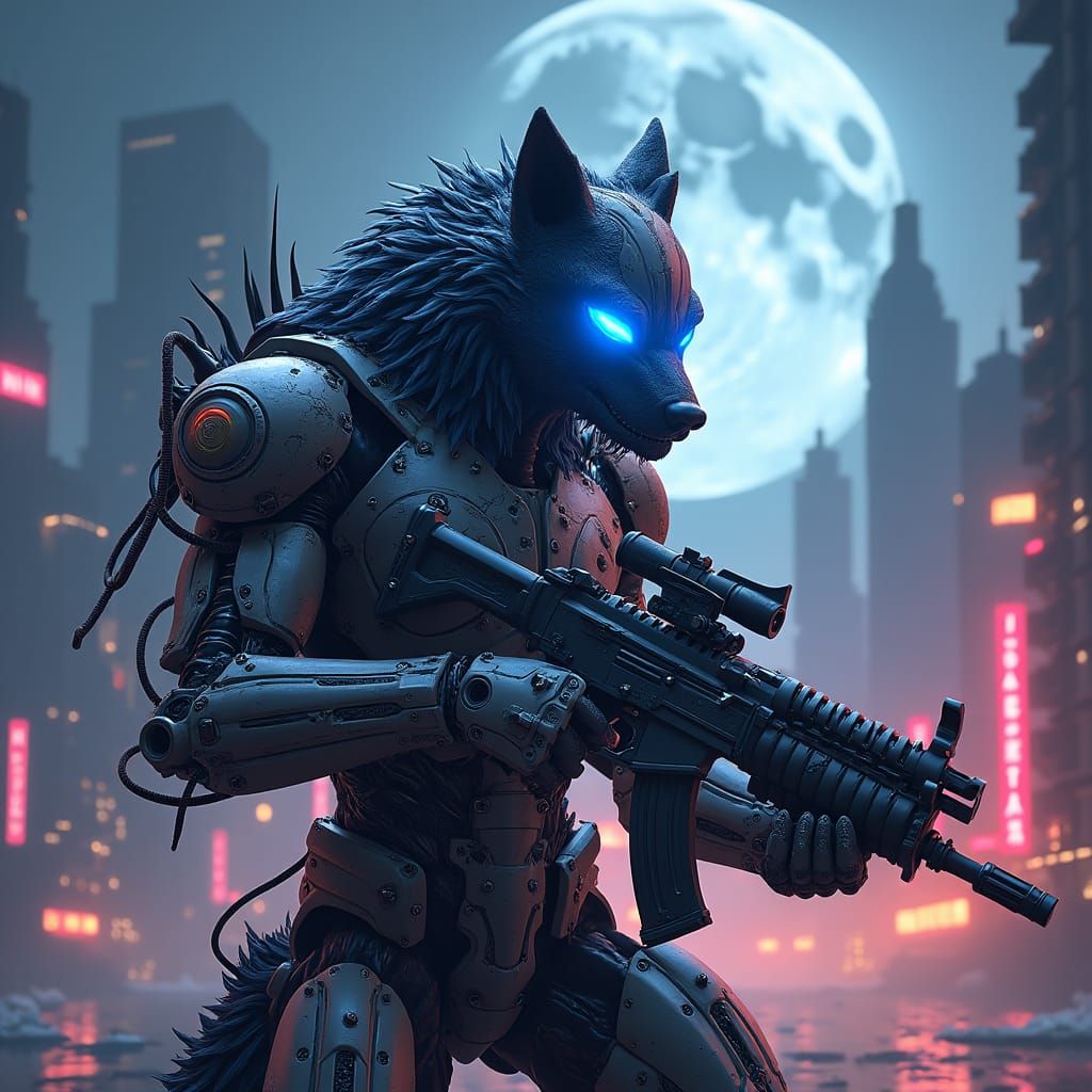 Mechanical Wolf Armed in Dystopian Cityscape