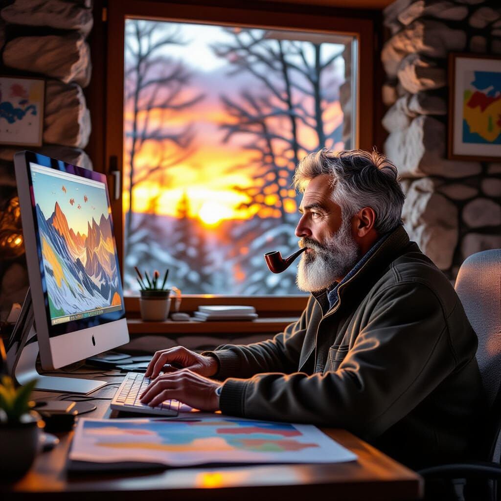 Italian Geologist Examines Maps at Sunset, Graffiti Art Styl...
