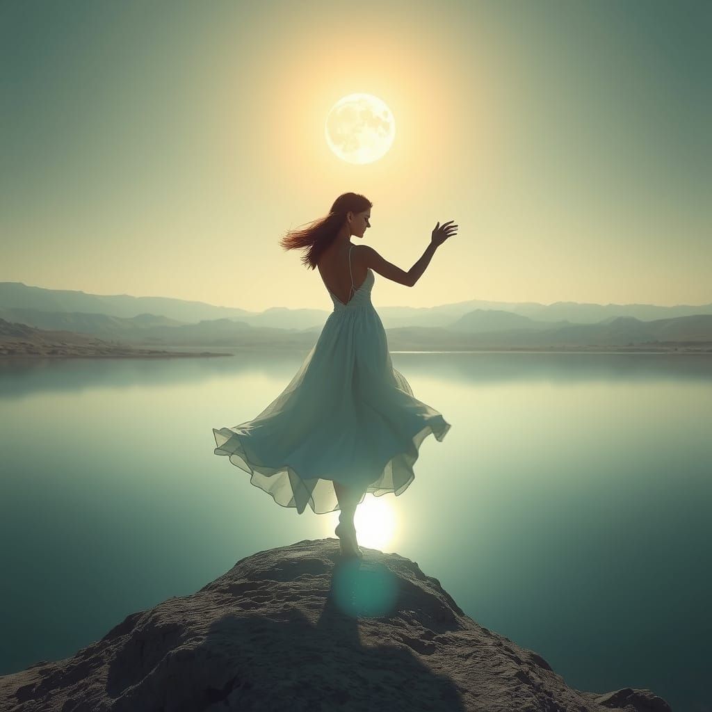 Woman Dancing on Ancient Lunar Lake's Edge