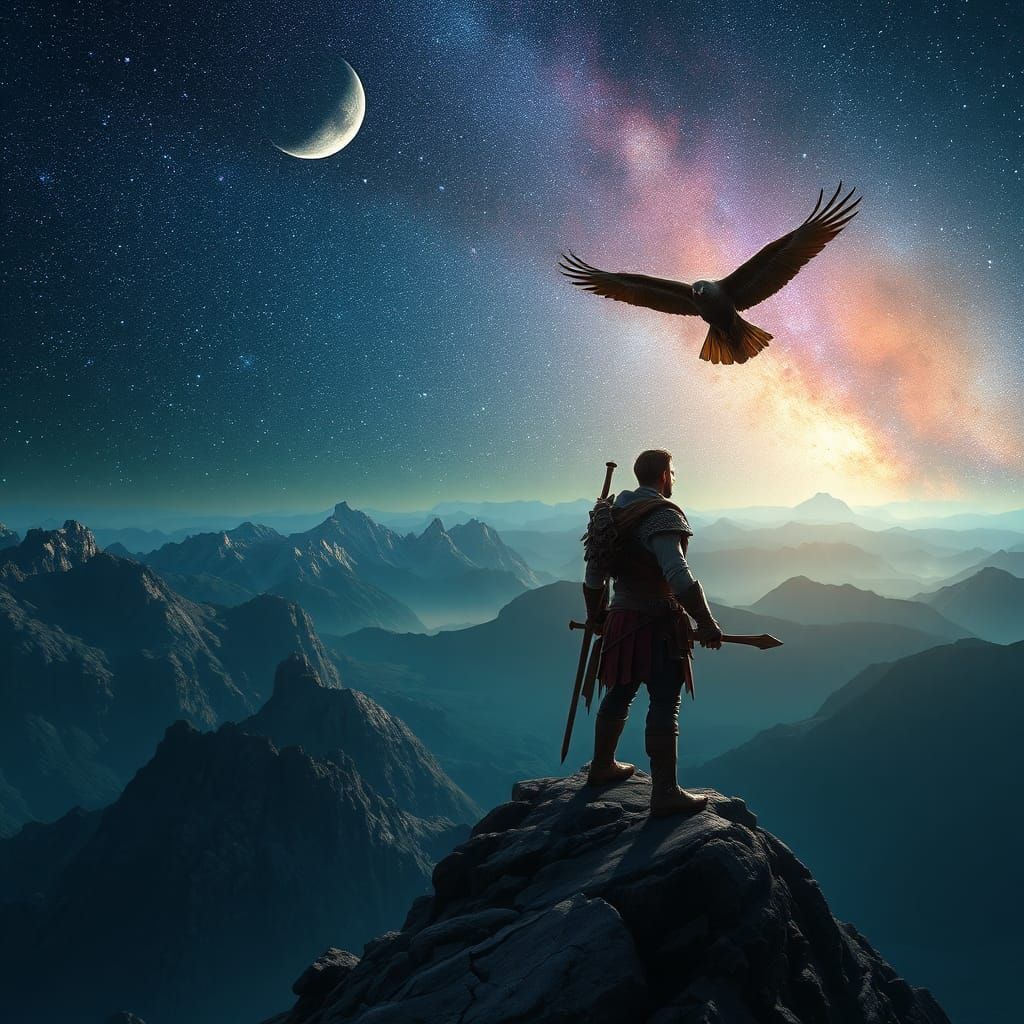 Stoic Hunter Gazing at Hawk in Starry Sky