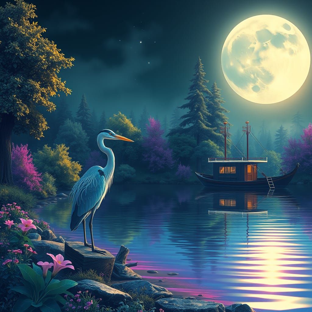 Mystic Lake: Heron, Houseboat, and Moonlit Reflections
