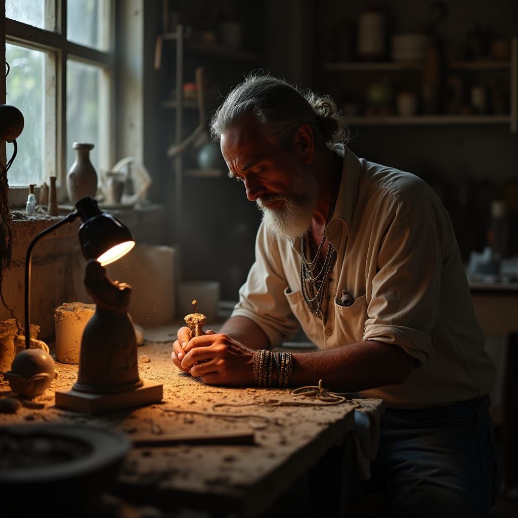 Man Crafting Sculpture in Dusty Studio at Dusk