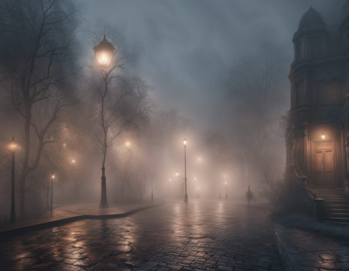 Ethereal Misty Night Street Scene