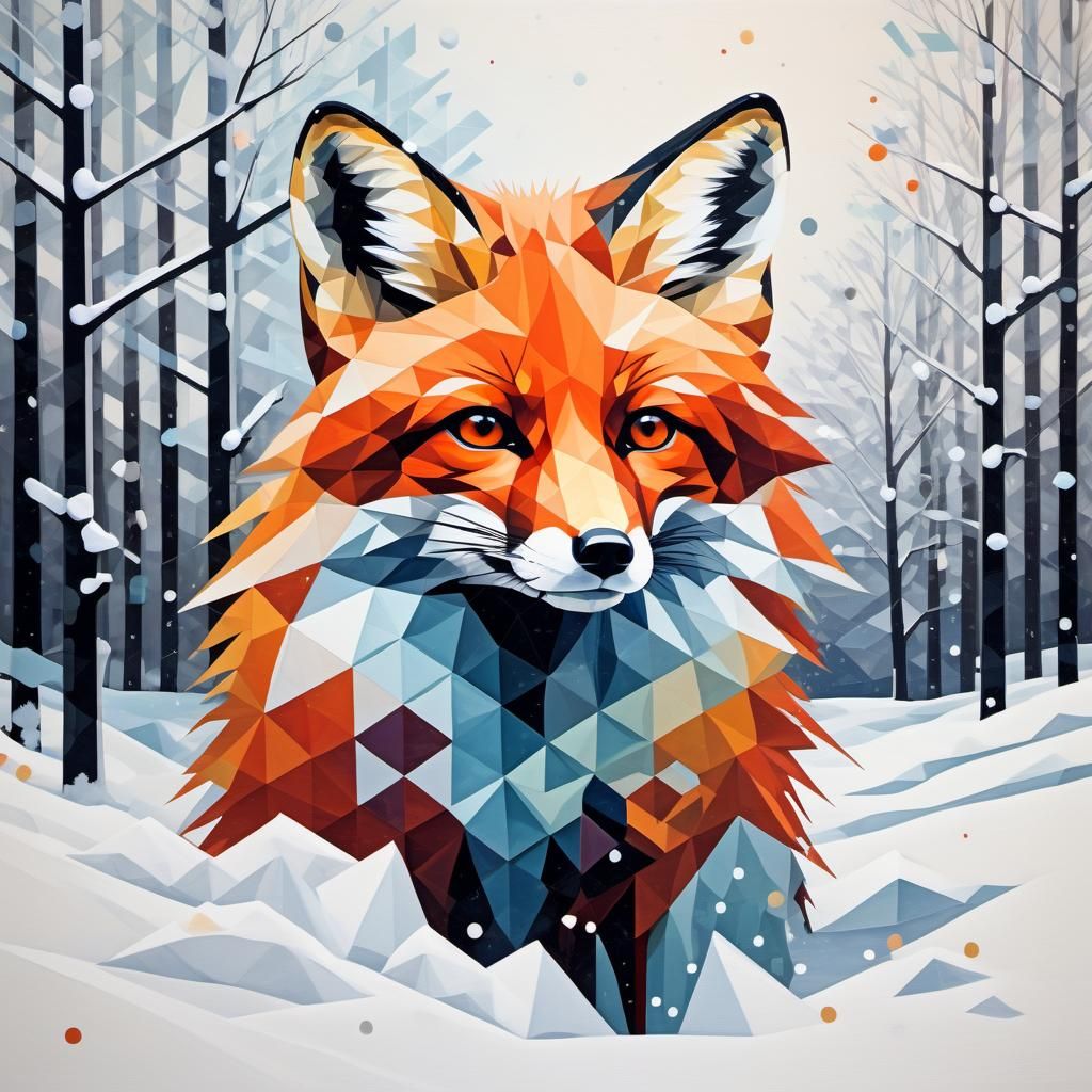 Geometric Fox in Snow, Abstract Art