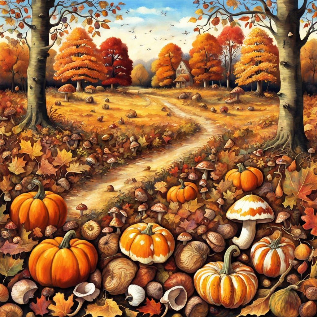 Enchanting Autumn Landscape with Folk Art Style