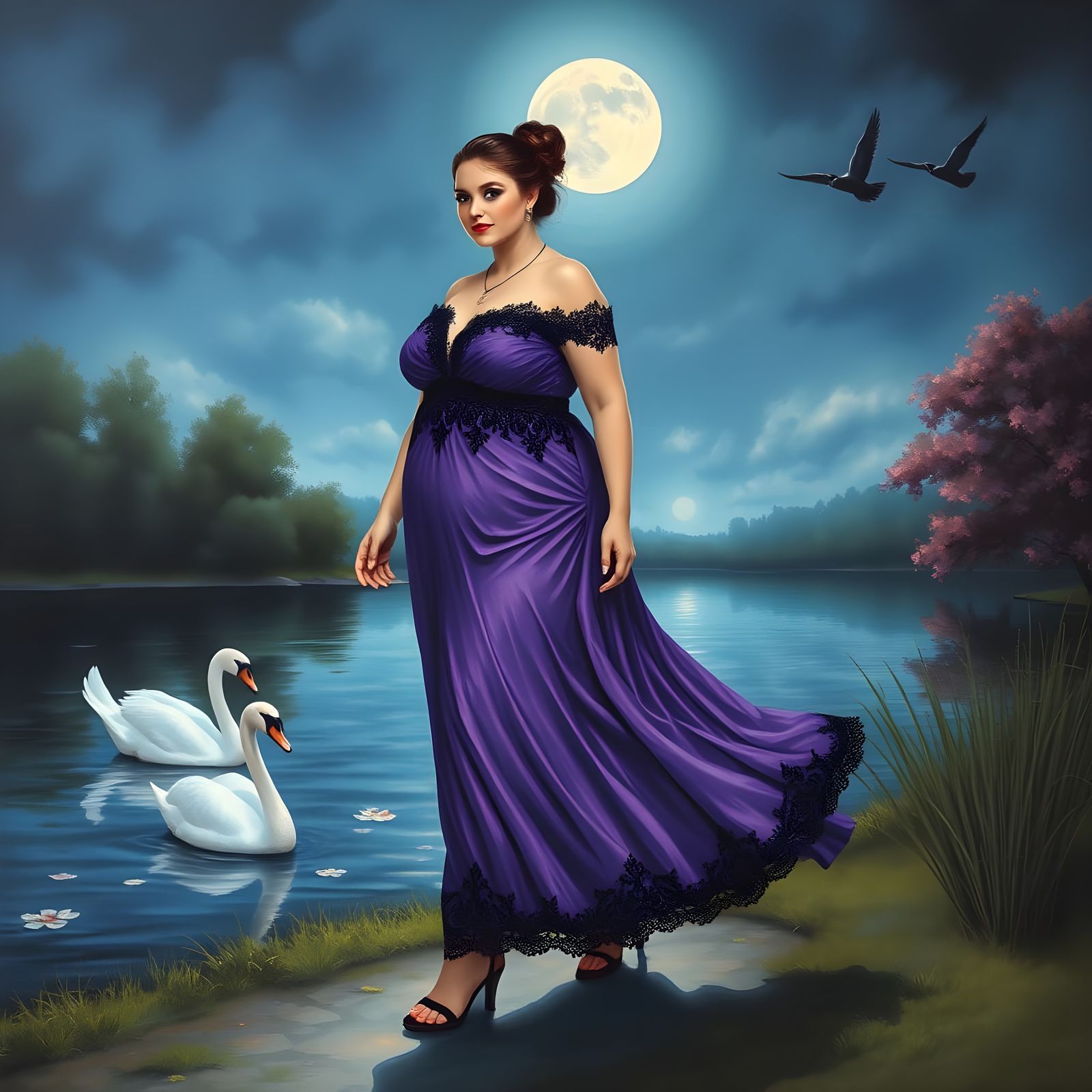 Ethereal Landscape with Moonlit Swan Pond as Impressionist P...