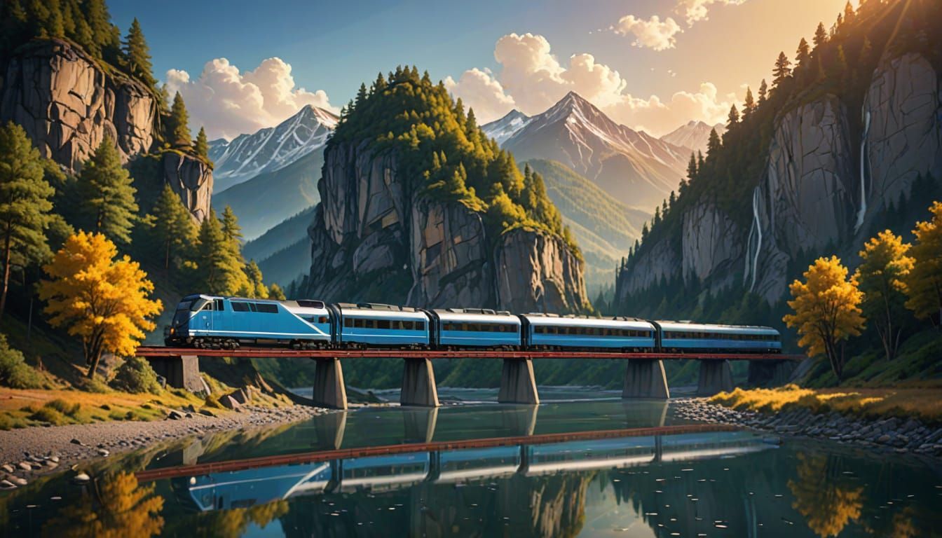 Futuristic Train Crossing Majestic Mountainside Landscape