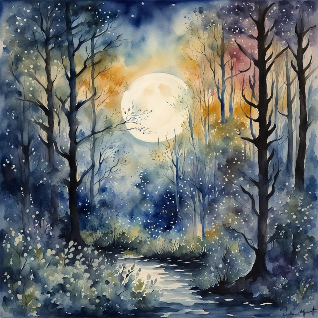 Moonlit Forest: Impressionist Watercolor Dreamscape
