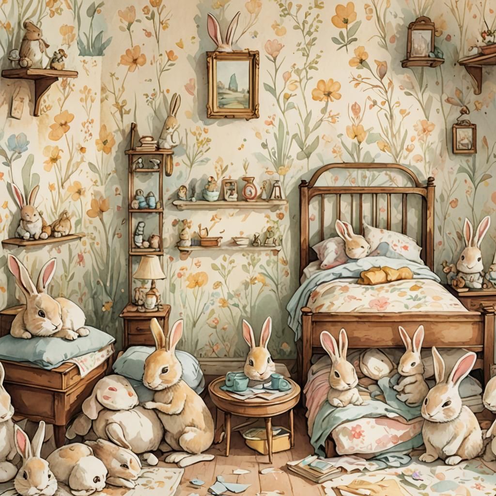 Whimsical Watercolor Bunnies in Child's Bedroom