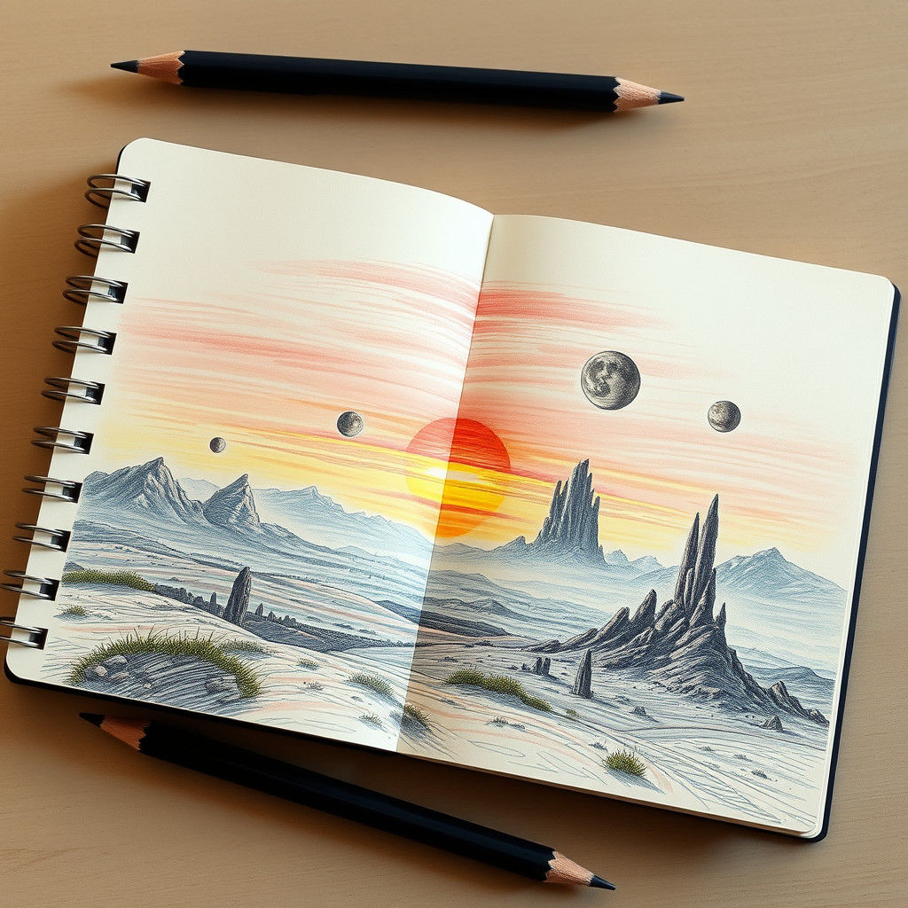 Alien Sunset Landscape Sketch in Notebook