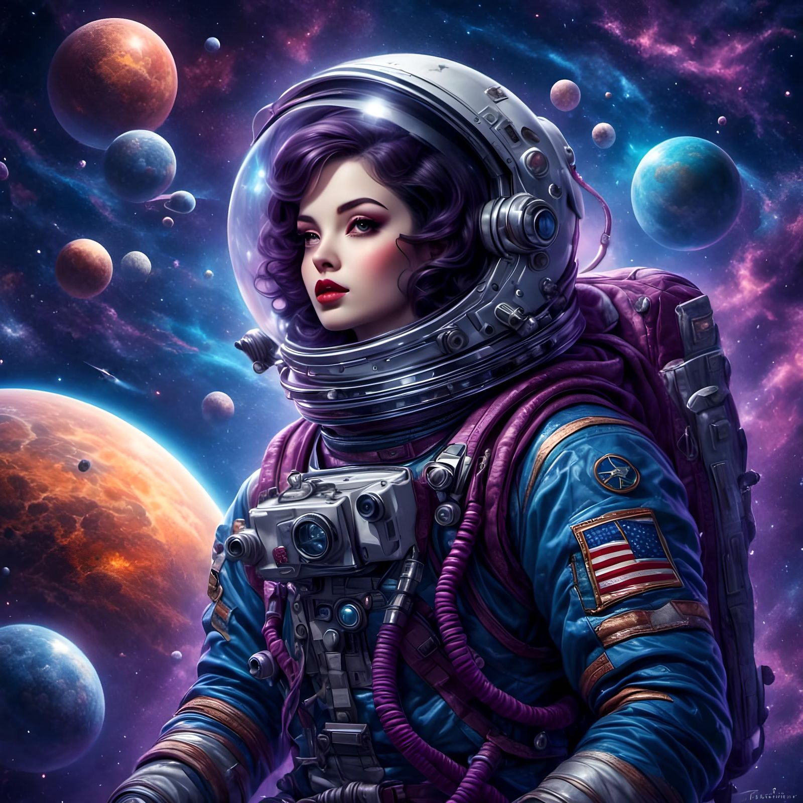 Astronaut in Bioluminescent Starry Space, Hyperrealistic Art