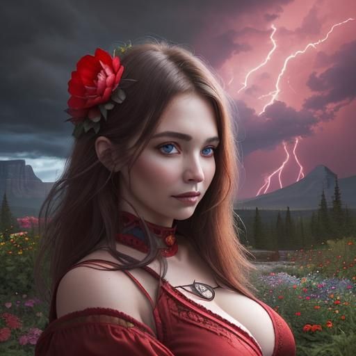 Steampunk Woman with Magic Eyes in Stormy Garden