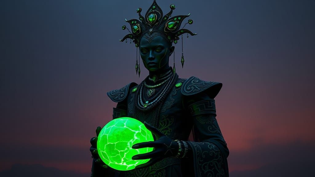 Enigmatic Dark Figure in Futuristic Costume with Vibrant Gre...