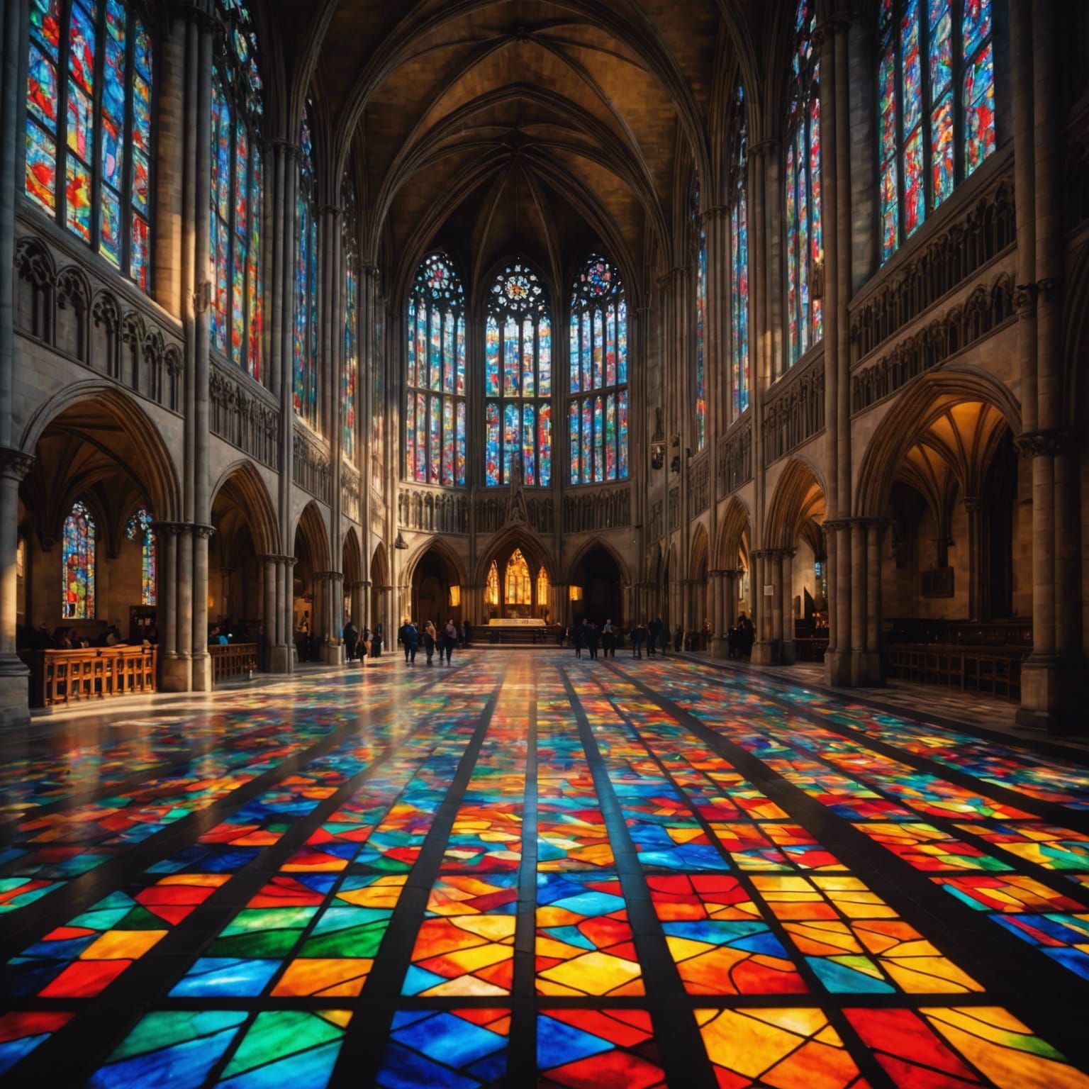 Stained Glass People in Cathedral Sunlight