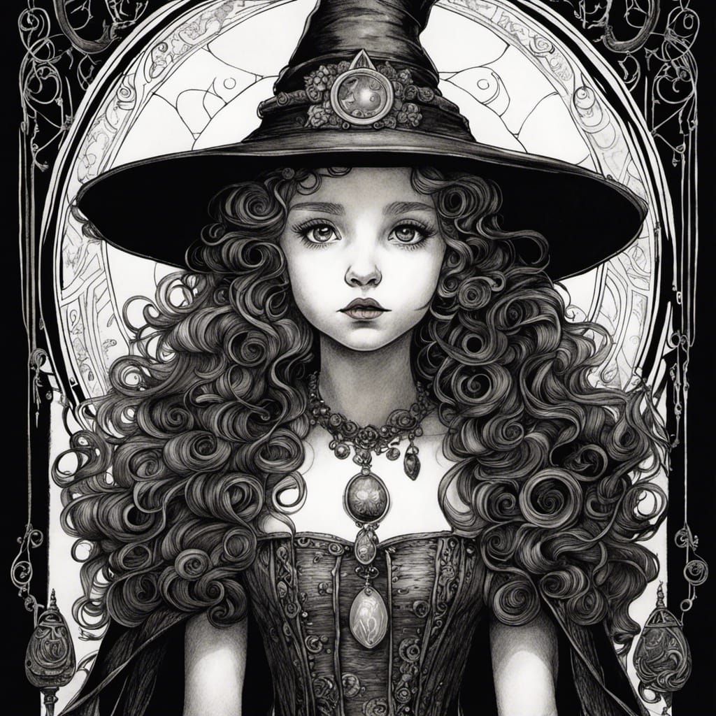 Intricate Ink Drawing of a Young Witch