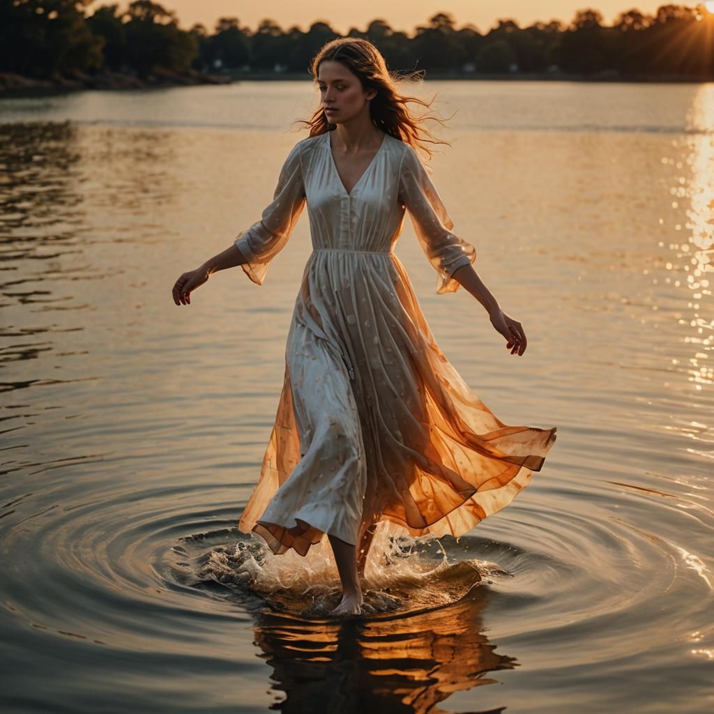 Young Girl on Water at Sunset in Hyperrealism