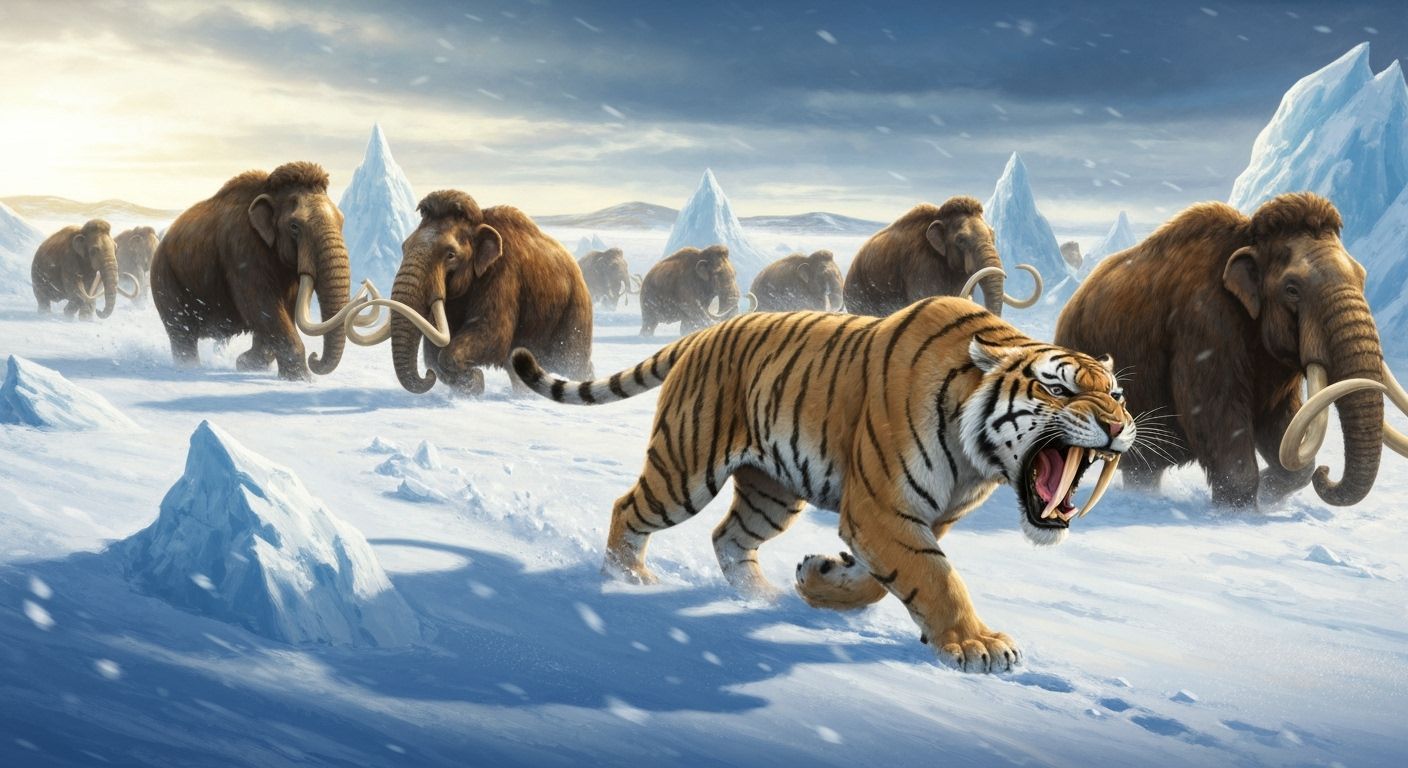 Sabre-Toothed Tiger Hunting Mammoths on Icy Steppe