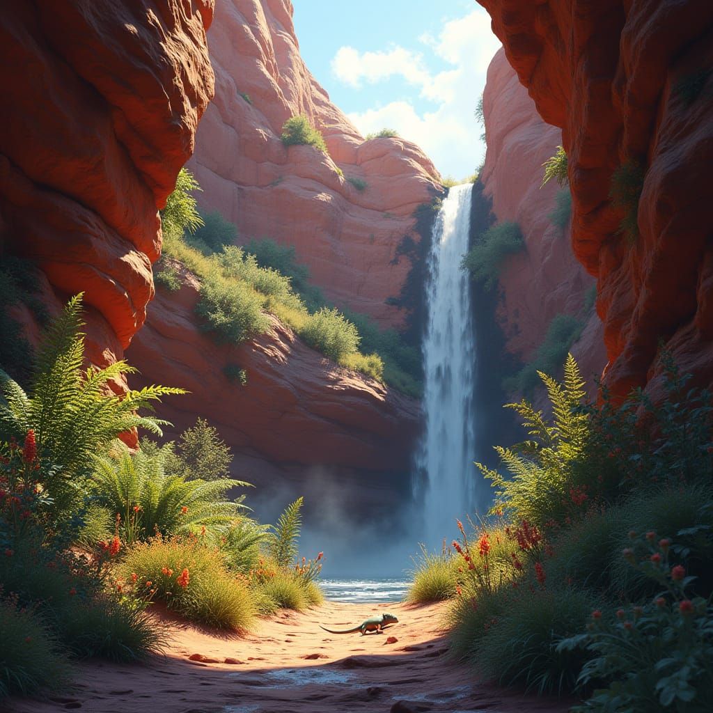 Red Rock Canyon Waterfall in Vibrant Hues
