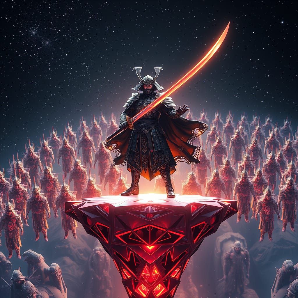 Ethereal Samurai Stands atop Cosmic Platform in Fractal Armo...