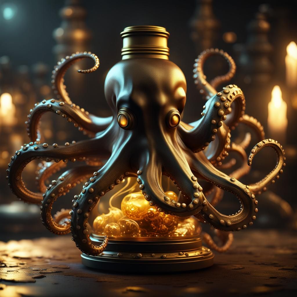 Bronze Octopus with Golden Vial, Dark Alchemy Art