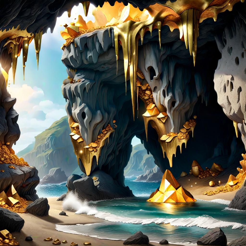 Coastal Cave Overflowing with Gold Treasures