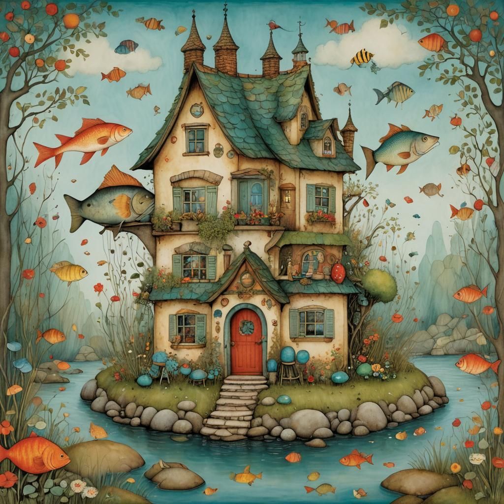 Charming Fantasy House in Fish, Naive Illustration