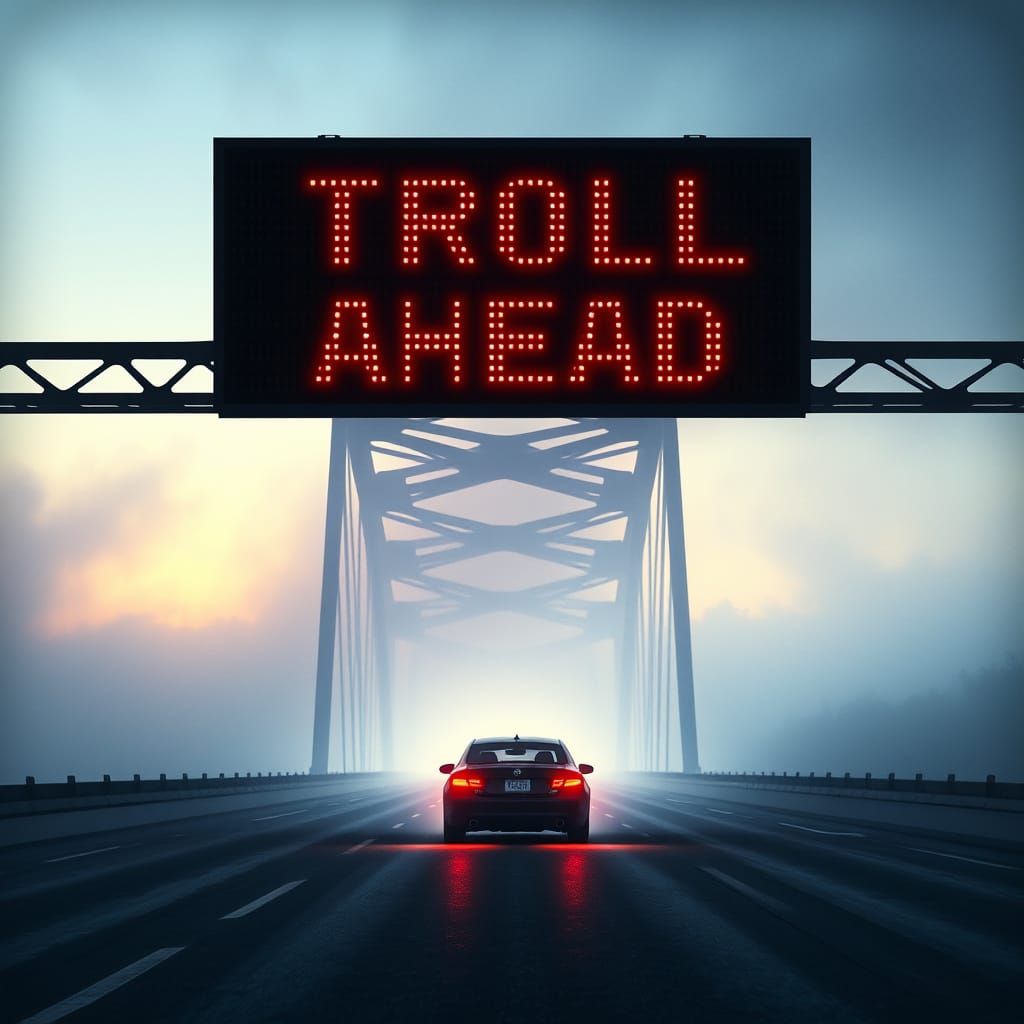 Troll Bridge at Twilight in Neon Sci-Fi Style