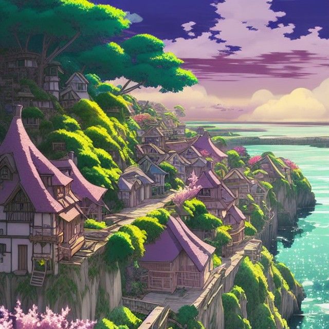 Seaside Village at Sunset: Anime-Style Digital Painting
