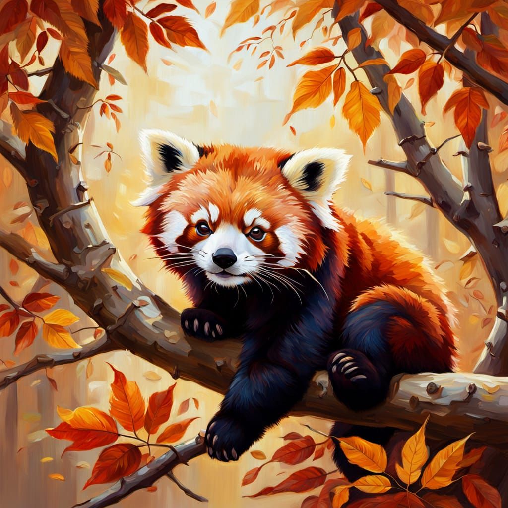 Red Panda Napping on Branch in Golden Autumn Light