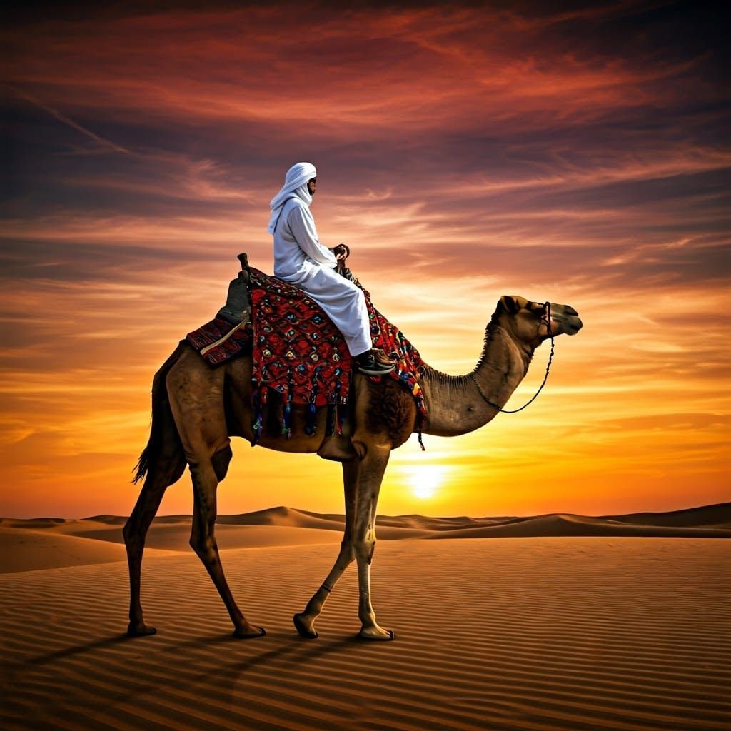 Regal Camel Rides Majestic Sahara Sunset