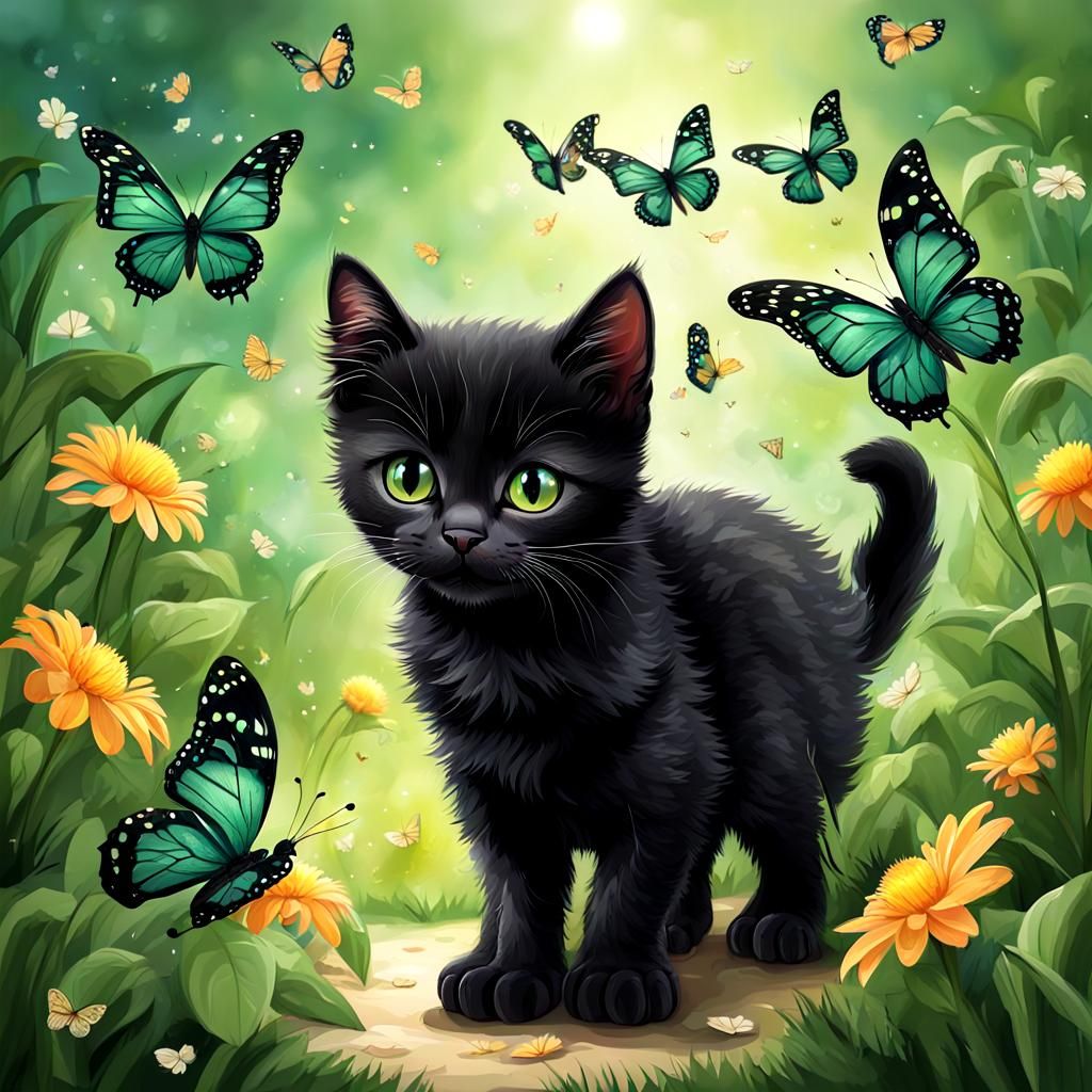 Black Kitten Playing with Butterflies