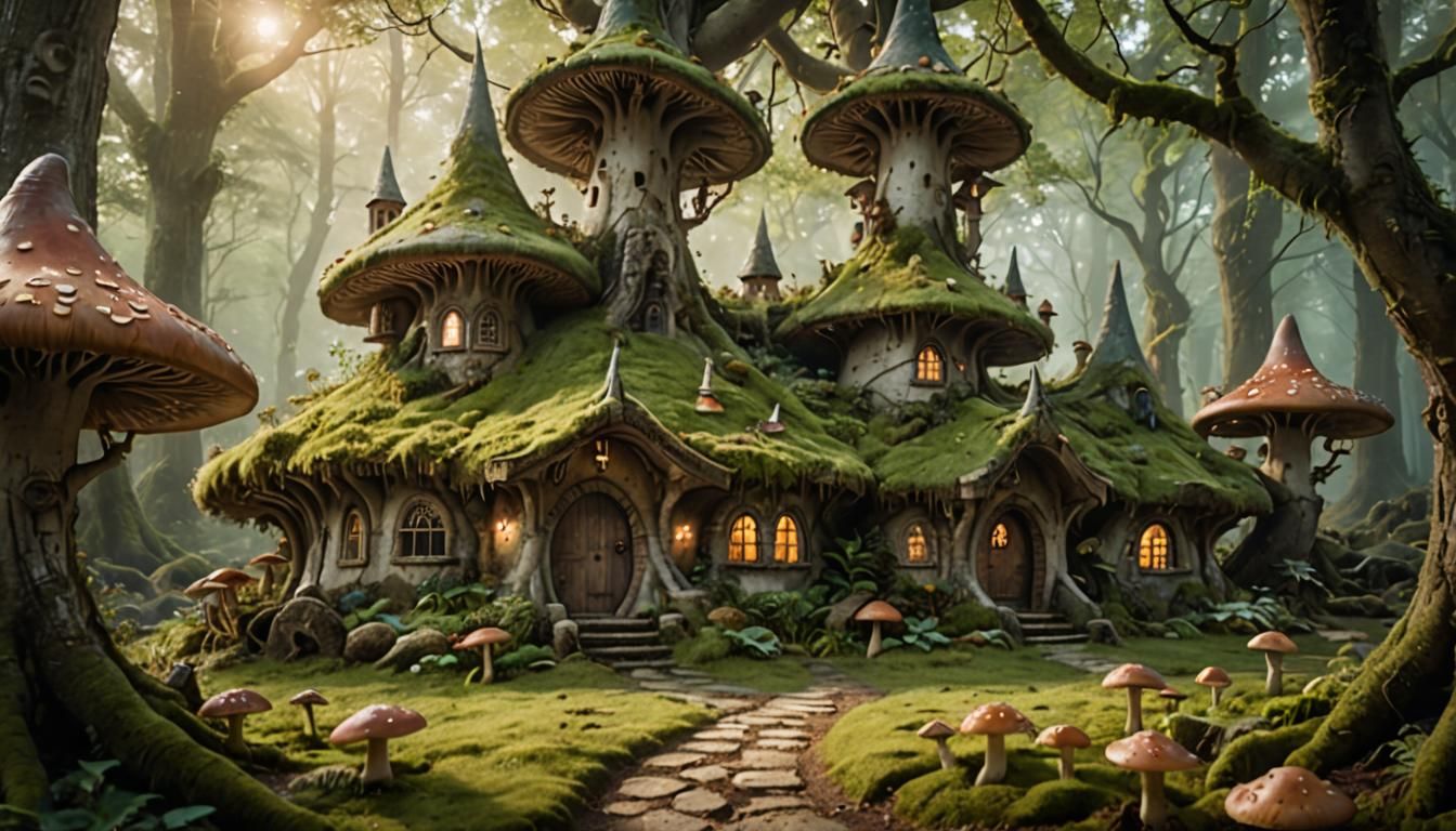 Enchanted Elven House in Mushroom Forest, 3D Render
