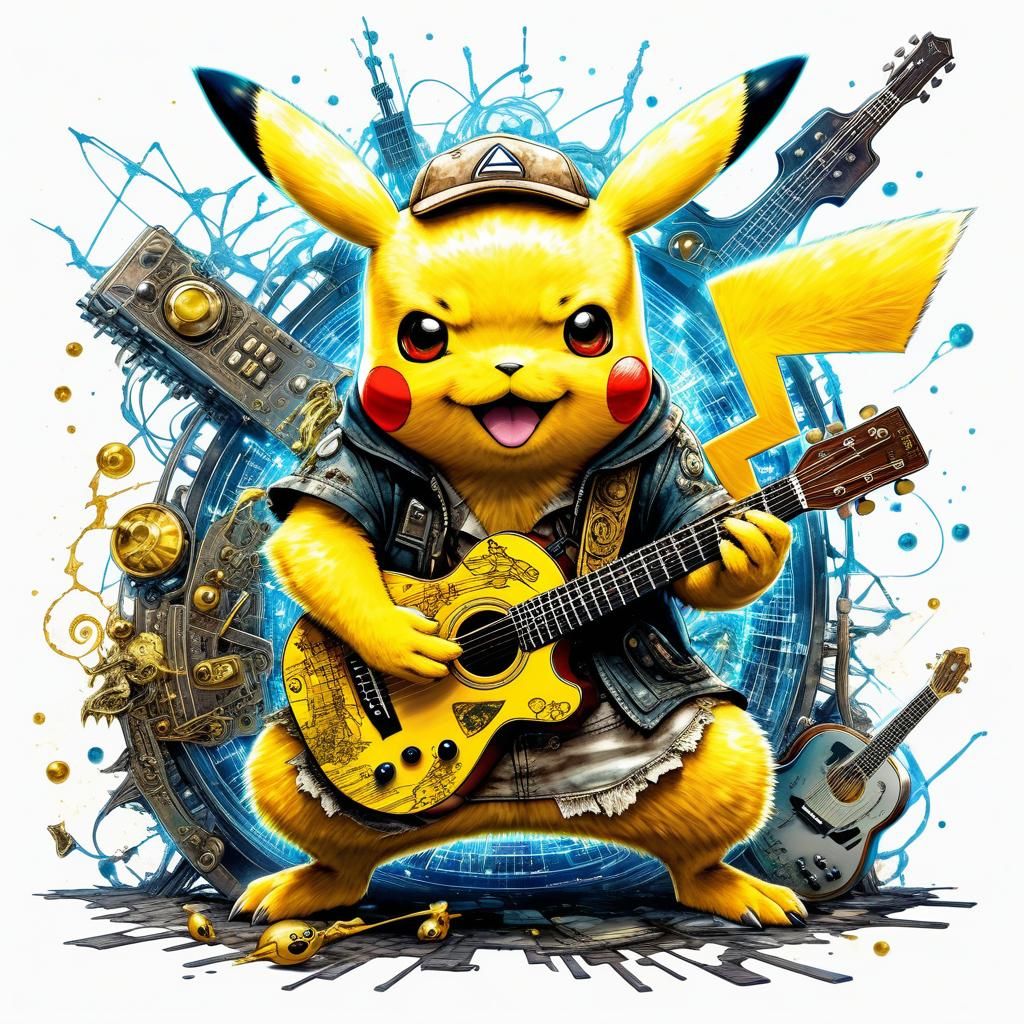 Biopunk Pikachu Pokemon Rockstar Plays Guitar
