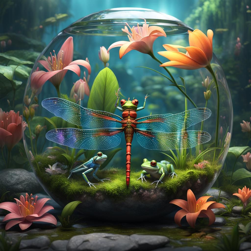 Colourful Terrarium Scene with Dragonfly and Frog