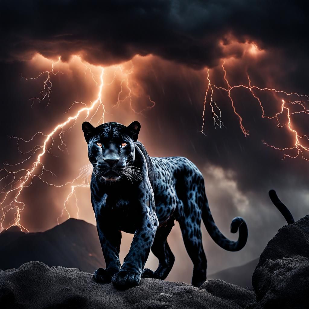 Black Jaguar in Volcanic Lightning: Hyperrealistic Image